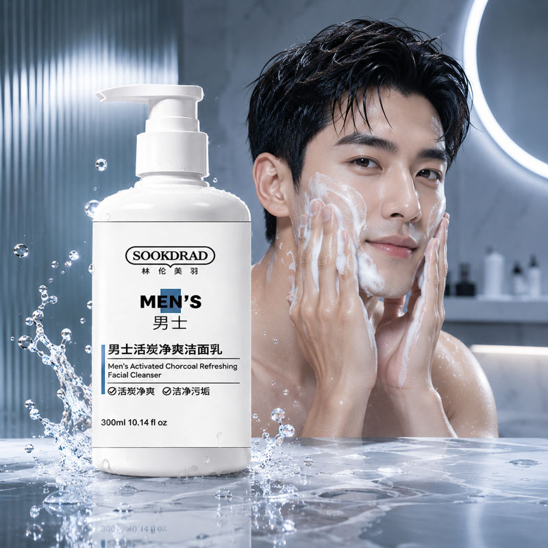 Espuma de limpeza facial de carvão ativado para homens, controle de brilho, refrescante, pele mista, cuidados com a pele