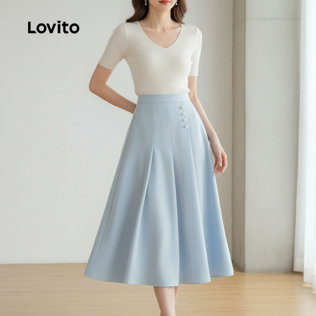 Lovito Saia Feminina Elegante com Botão para Verão Primavera L128ED646 em Oferta na Shopee