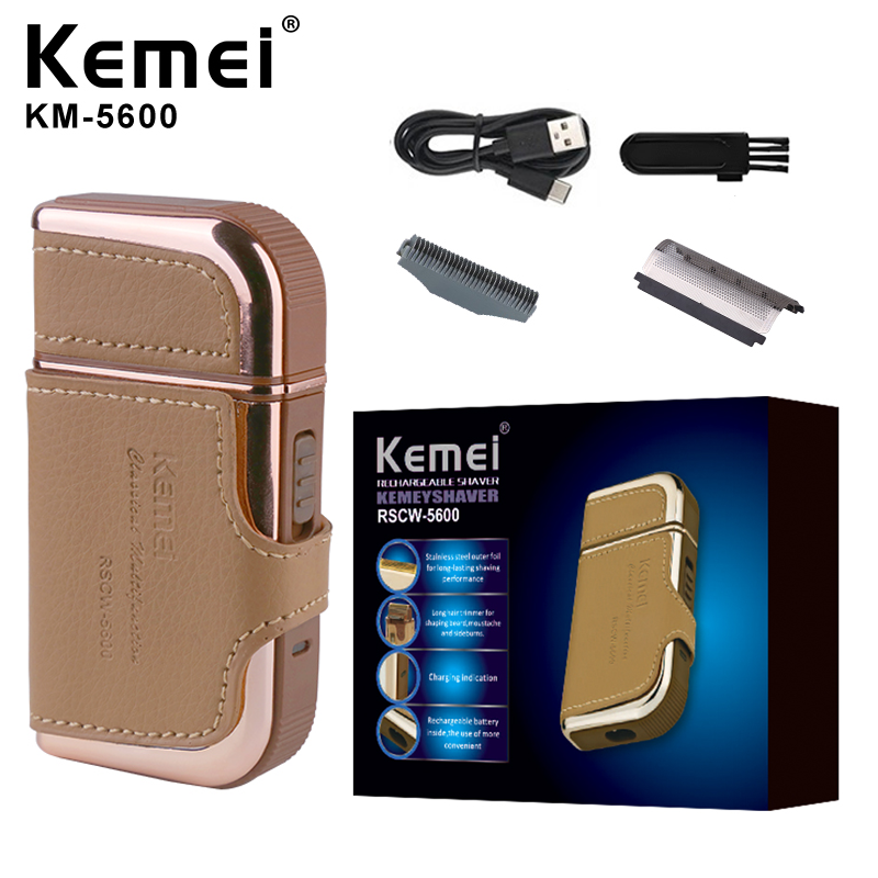 Kemei KM-5600 Barbeador de Viagem Masculino, Lâmina Única Recíproca, Mini Barbeador Elétrico Portátil com Capa de Couro