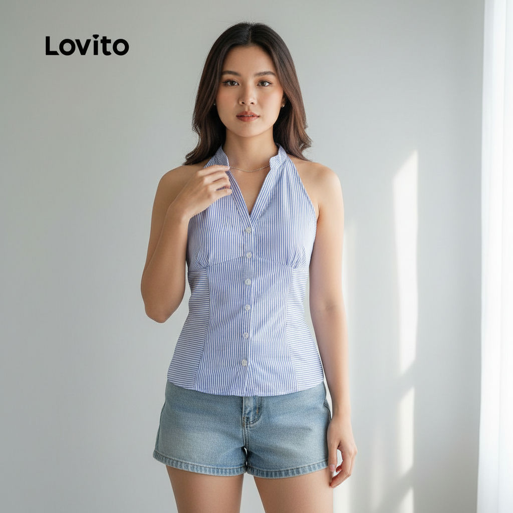 Lovito Regata Casual Feminina Listrada Azul e Branco Botões Geométricos Plissados Verão Primavera L135ED386