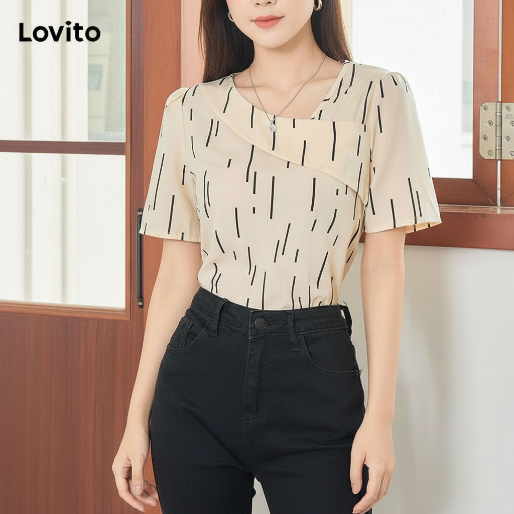 Lovito Blusa Assimétrica Listrada Casual Para Mulheres L104ED240 em Oferta na Shopee