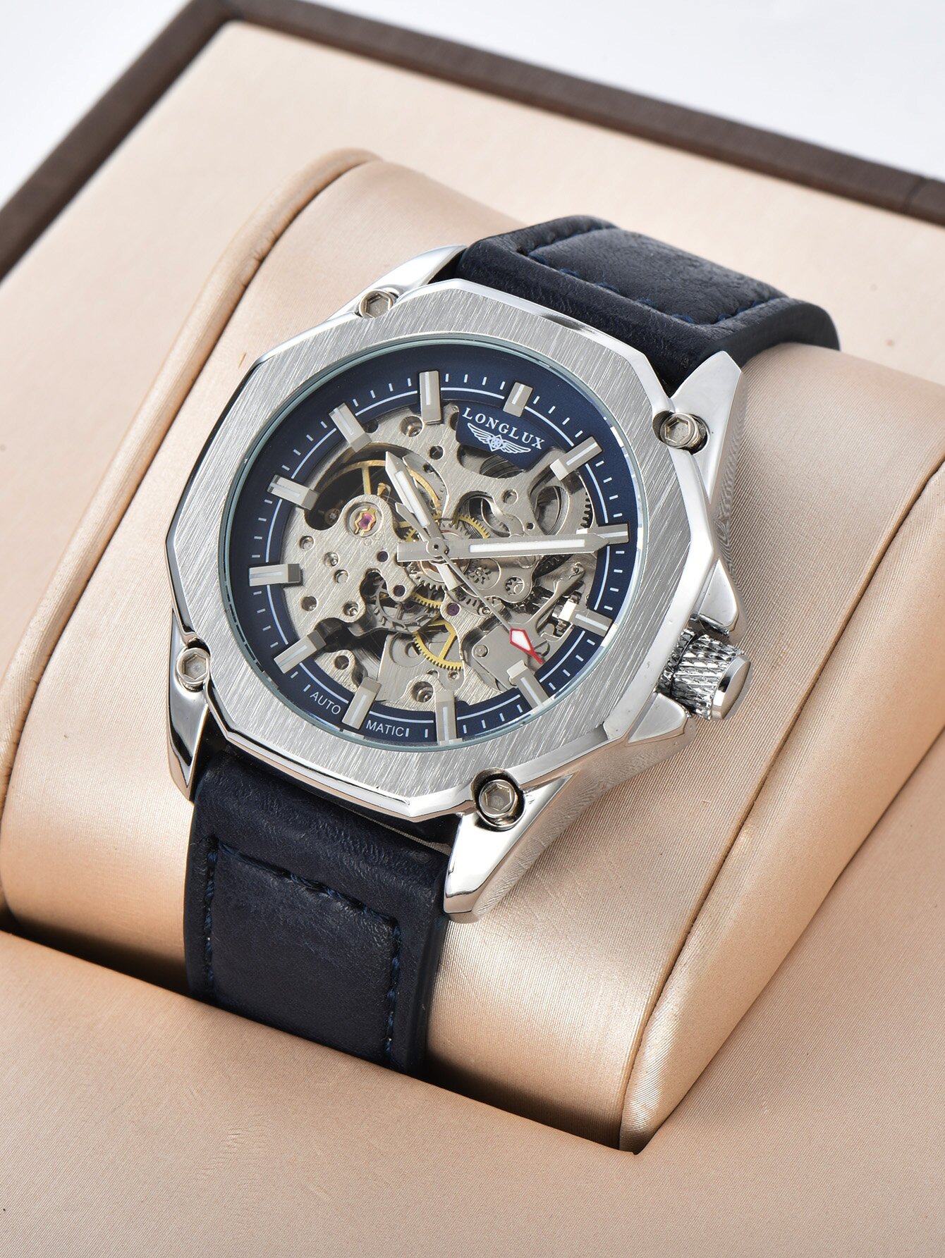 Relógio automático LONGLUX estilo esportivo atacado relógios de pulso mecânicos moda masculina oca relógio de couro