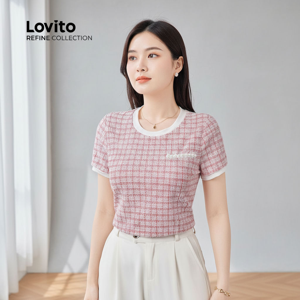 Lovito Refine Blusa Elegante Costurada com Pérolas em Tecido Colorblock para Primavera/Verão LR13E006 em Oferta na Shopee