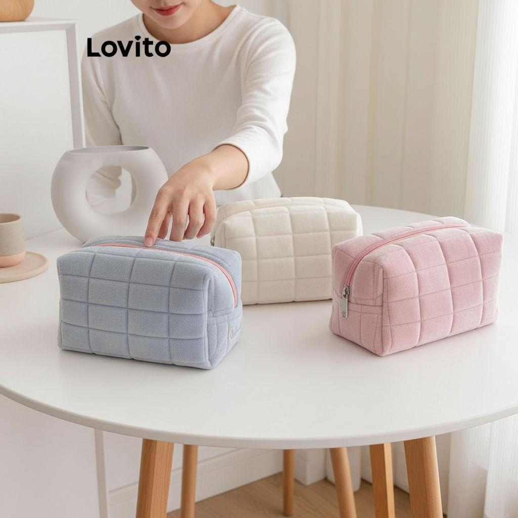 Lovito Bolsas De Maquiagem Estilo Hepburn Em Pelúcia Para Mulheres LBT01066 em Oferta na Shopee