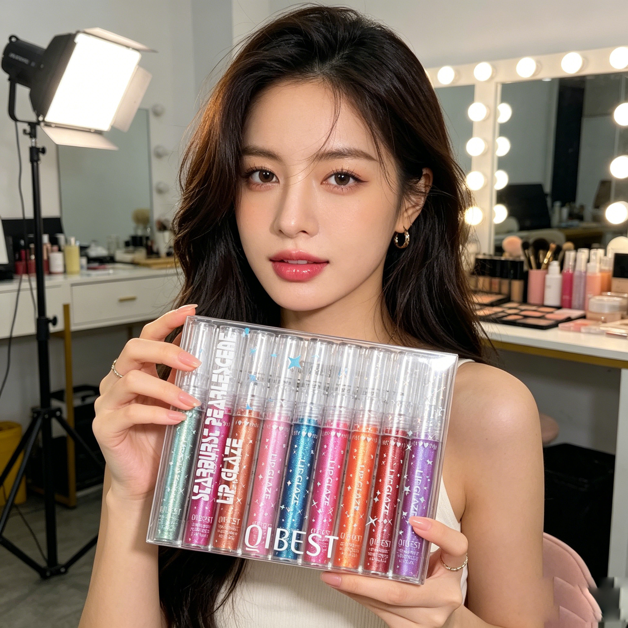Conjunto de Brilho Labial QIBEST, Longa Duração e Hidratante, Tons de Sereia, Brilho Perolado e Glitter, Maquiagem