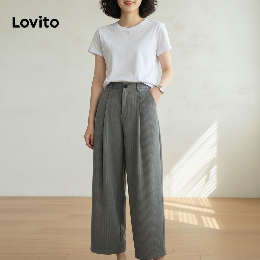 Lovito Calça Feminina Casual Listrada Com Botão Estampado L76AD101 (Multicolorido)