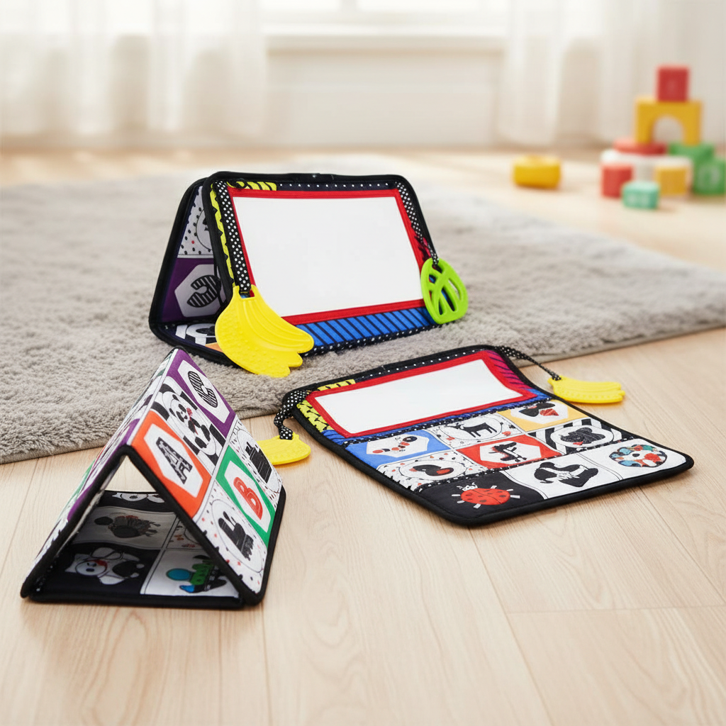  Brinquedo de Espelho de Dupla Face para Tummy Time - Atividade Sensorial de Alto Contraste com Mordedor, Tapete Preto e