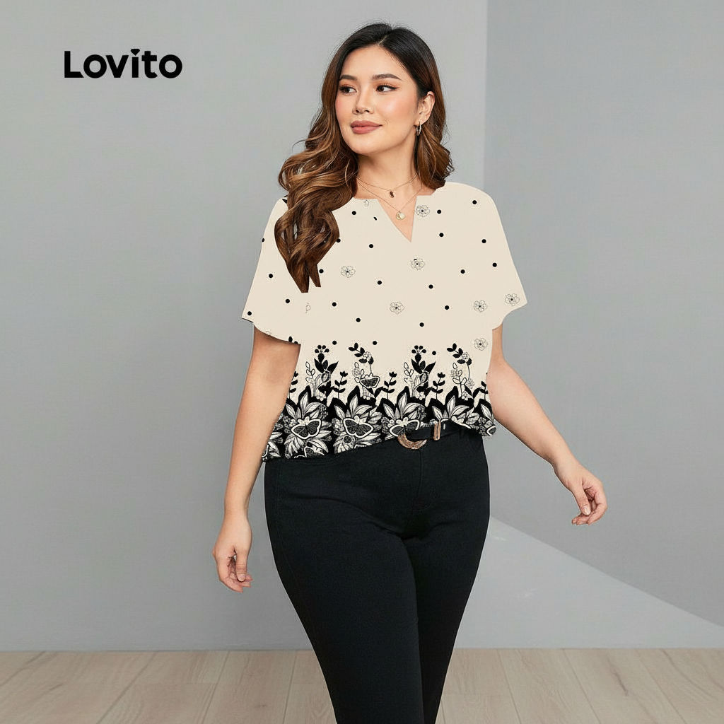 Lovito Blusa Feminina Plus Size Casual Estampada Floral Com Abertura Frontal Verão/Primavera LBL22563
