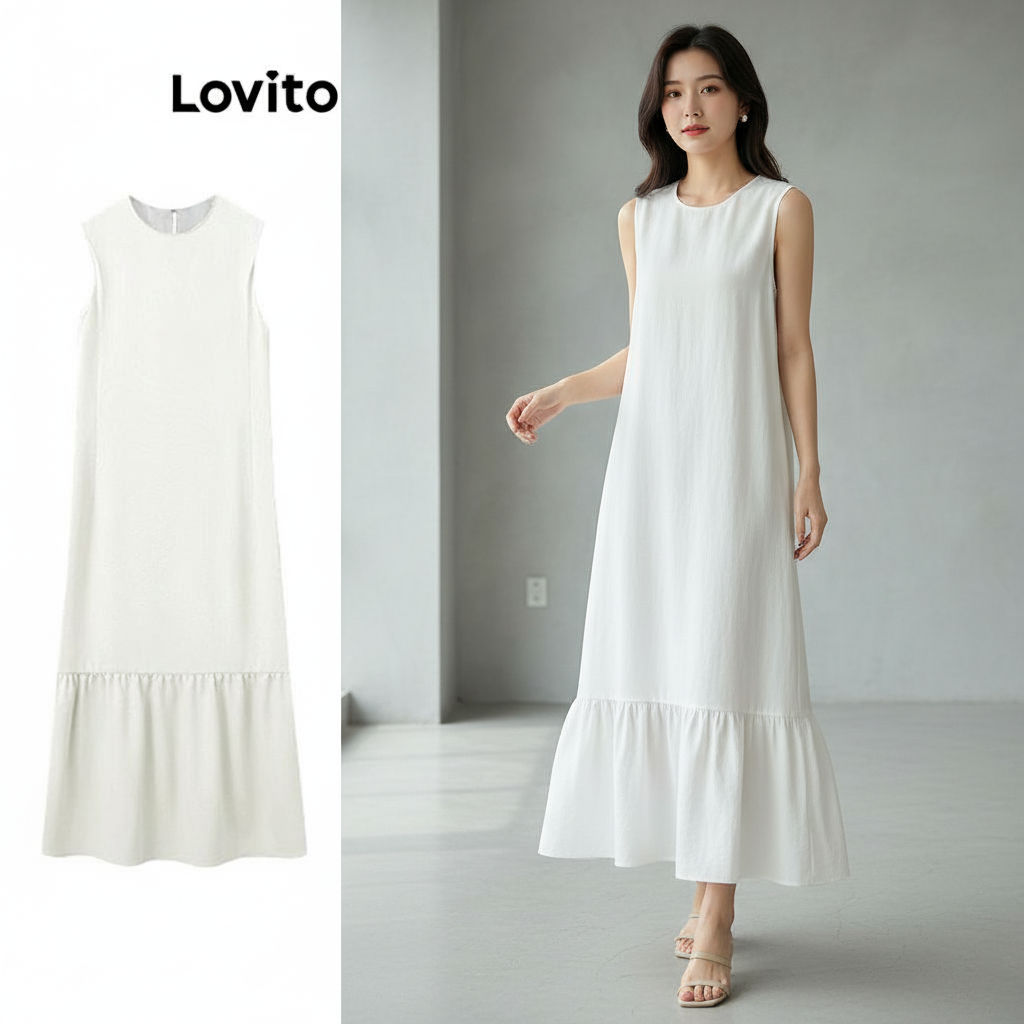 Lovito Vestido Feminino Casual Com Babados Na Barra, Modelo Verão/Primavera LNE66494 em Oferta na Shopee