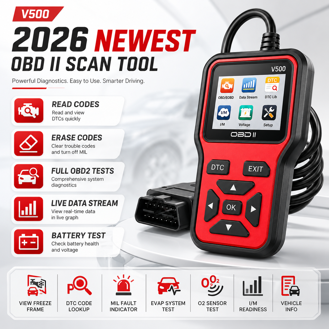 Scanner profissional de OBD2 automotivo V500 - Leitor de códigos de falha do motor e ferramenta de reset