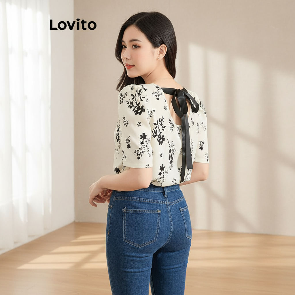 Lovito Blusa Casual Estampa Floral Amarração Costas Blusa Verão Feminina L121MD048 em Oferta na Shopee