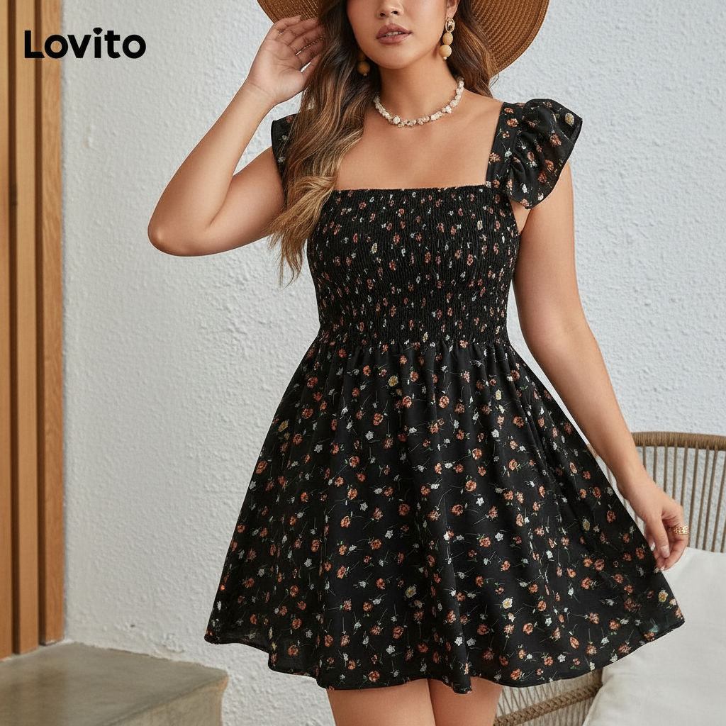 Lovito Refine Vestido Plus Size Curvas Elegante Floral Delicado Estampado Smocked Feminino LBL18614 em Oferta na Shopee