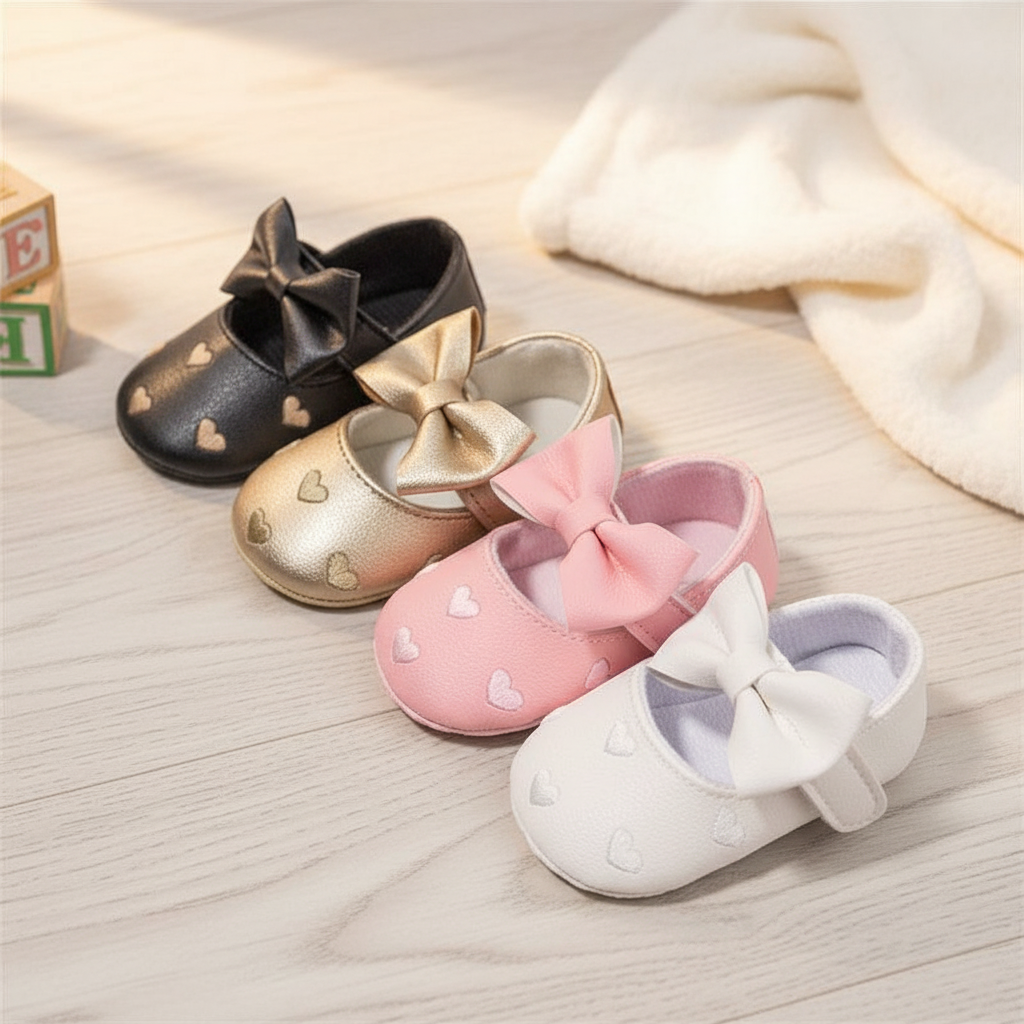  Sapatos de bebê menina em couro PU, com laço princesa e sola macia, primeiros passos para primavera e outono.