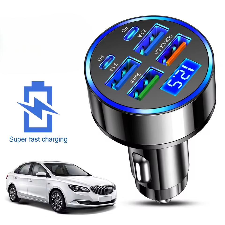  Adaptador de Carro de Carregamento Rápido 6 em 1 3.1A Display Digital Duplo Tipo C para Smartphones, Tablets e Power