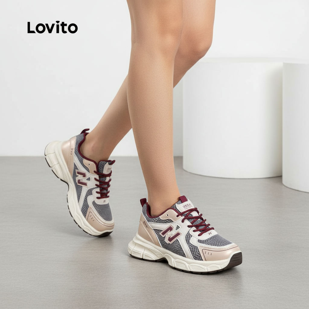 Lovito Refine Tênis Casual com Contraste de Malha Dad Retrô Primavera/Verão Vermelho LR13E430 em Oferta na Shopee