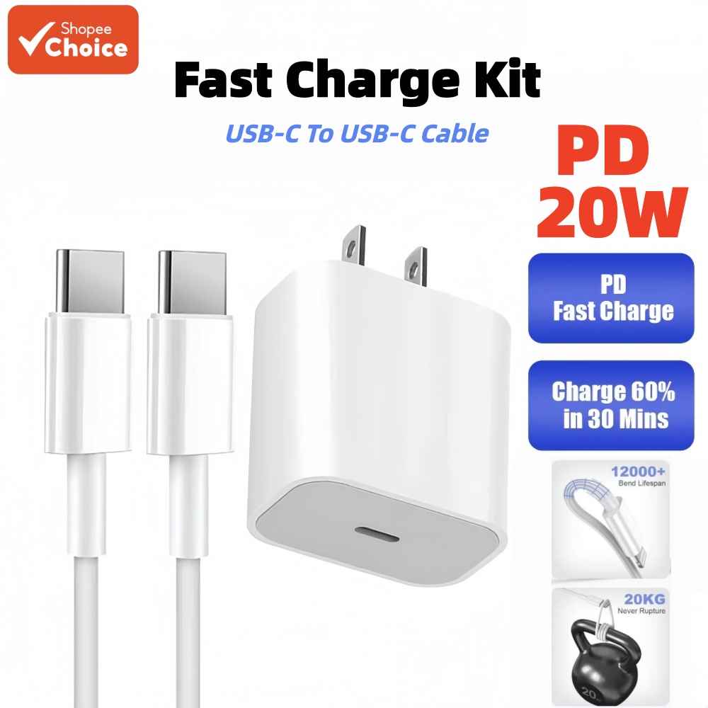 PD 20W Carregador Rápido USB-C Adaptador de Energia Inteligente Com Cabo TIPO-C Para iPH Phone 15 16 17 Samsung