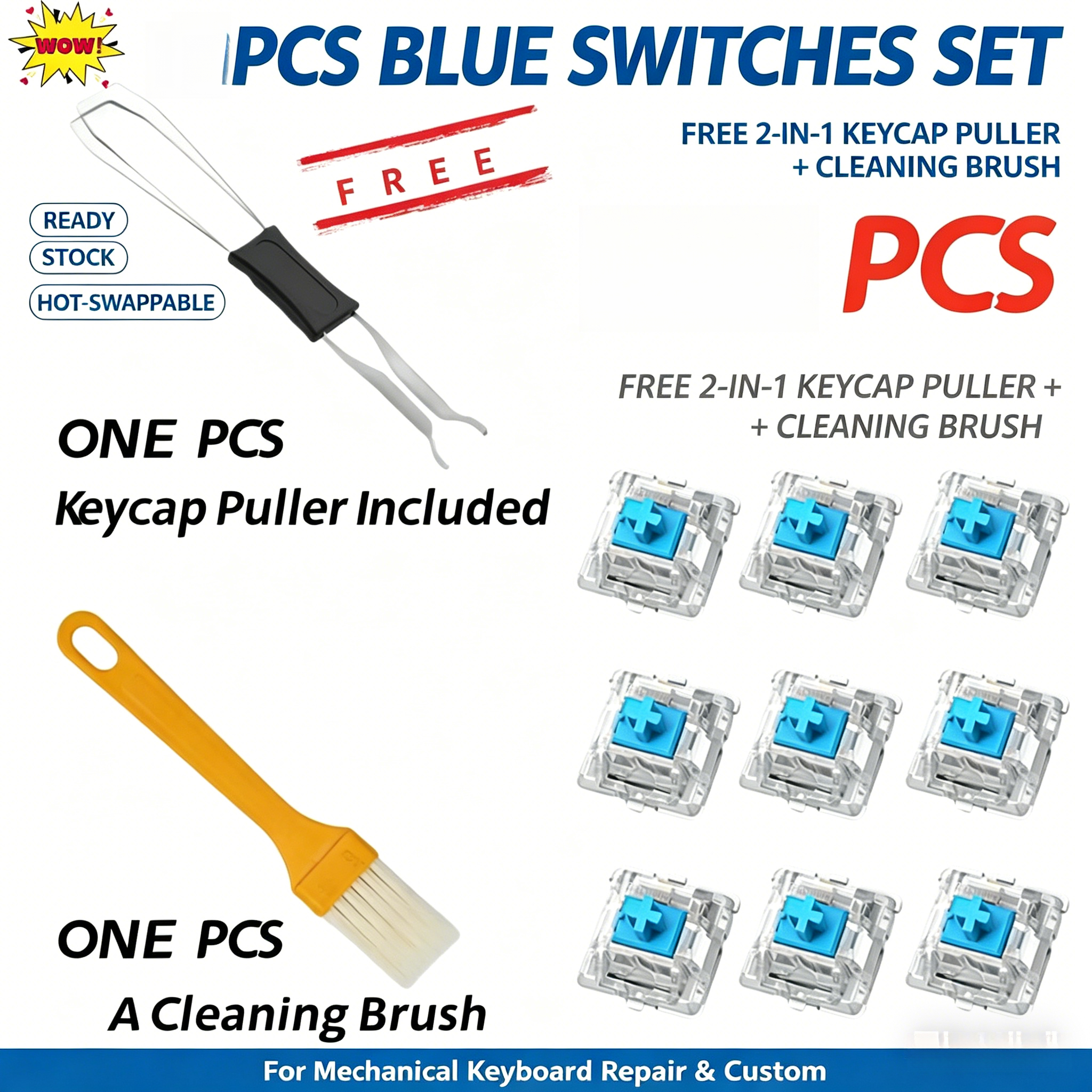 Interruptores de teclado mecânico tátil azul/vermelho/marrom/preto com puxador de teclas 2 em 1 e escova de limpeza