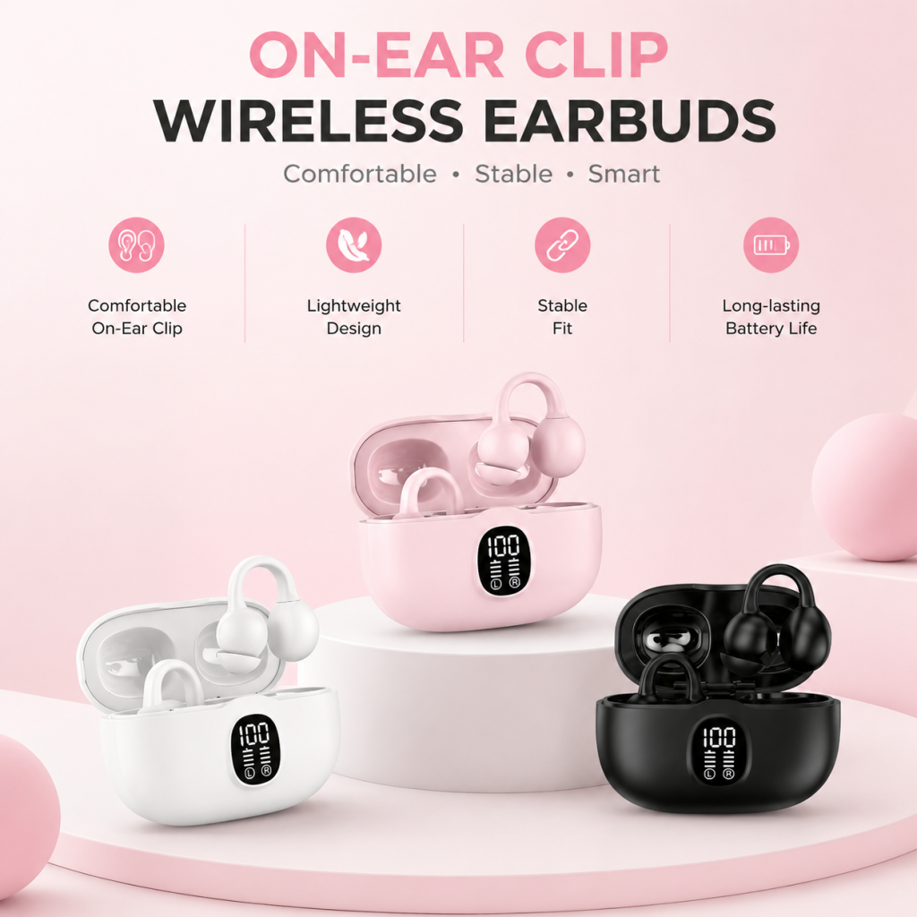 Fones de Ouvido K80, Fones Bluetooth de Ouvido com Clipe, Ajuste Suave do Som, Fones para Escritório, Concentração em