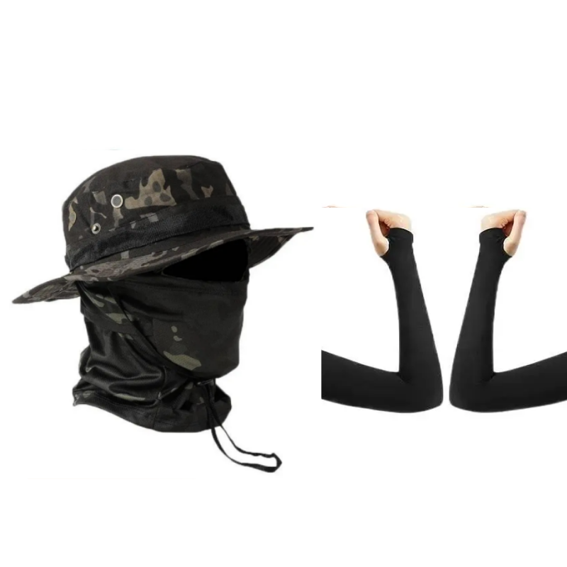 Camuflagem Boonie Chapéu Máscara Facial Manga De Proteção Solar Conjunto De 3 Peças Multifuncional Pescador Respirável A