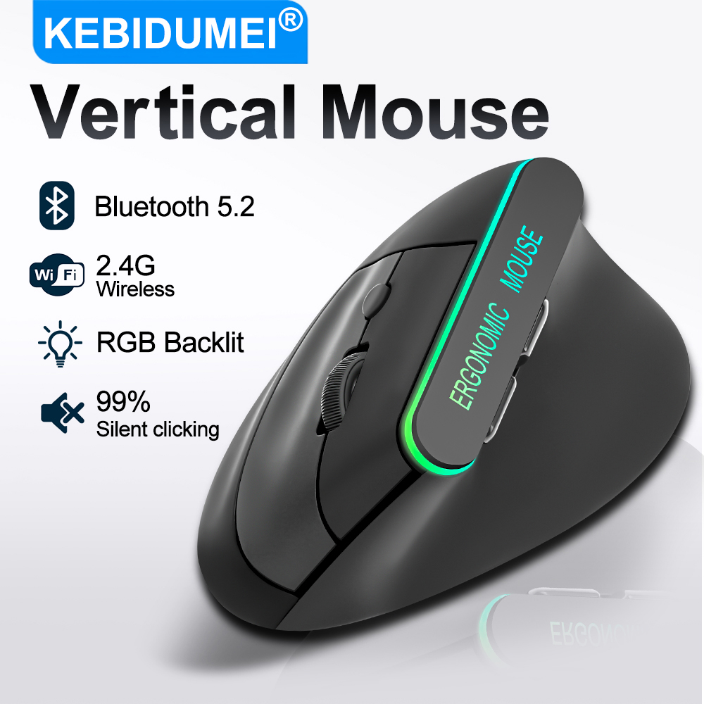 Mouse Vertical Sem Fio Dupla Conexão, Mouse RGB Silencioso Recarregável, Mouse Ergonômico Bluetooth para Jogos e