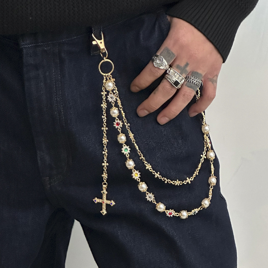Corrente de calça de pérolas masculina acessório de hip-hop nicho premium com pingente de cruz, corrente de cintura