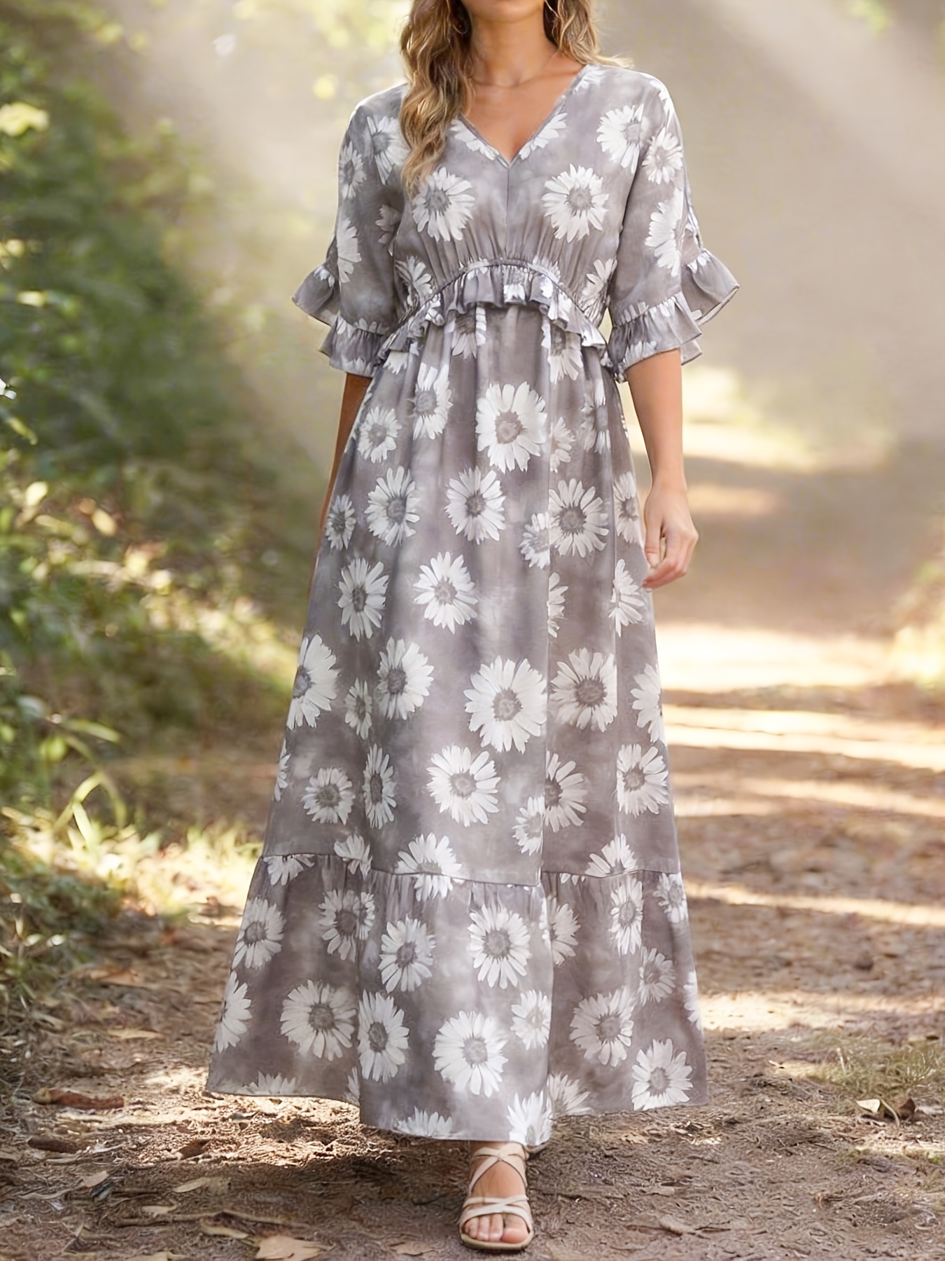 Vestido Maxi Feminino Com Estampa Floral E Margaridas , Decote Em V , Babado , Meia Manga , Longo , Casual , Praia , Fér