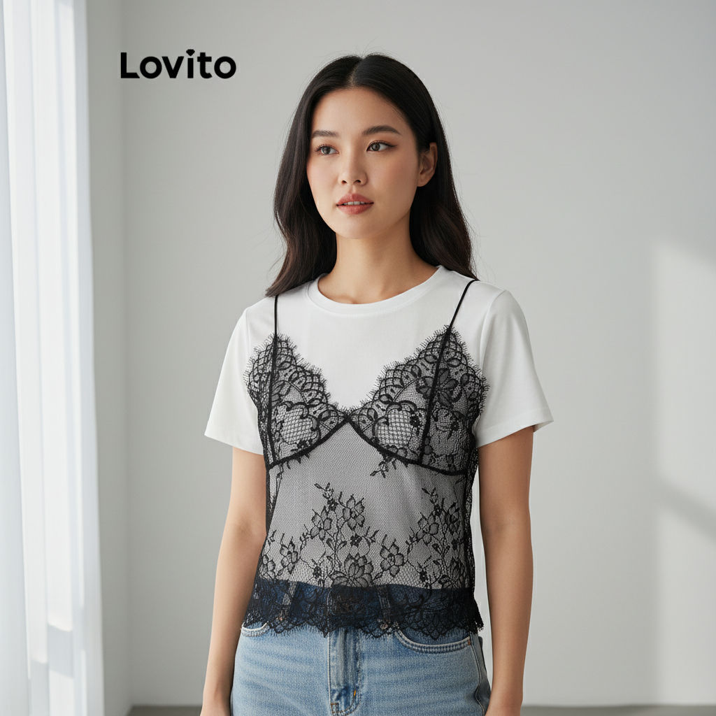 Lovito Refine Blusa Feminina De Renda Lisa Com Costura Elegante L106AD114 em Oferta na Shopee