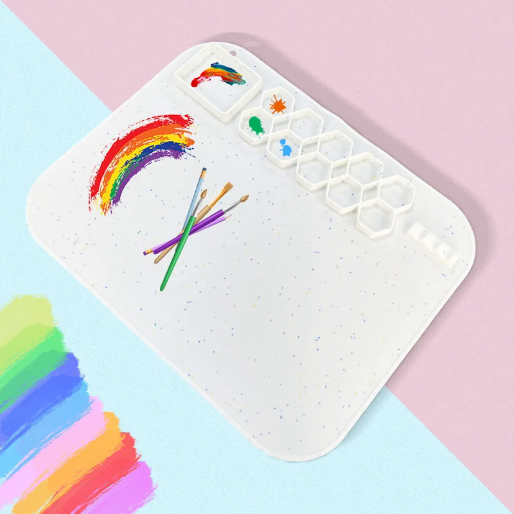 Paleta de Pintura Infantil em Silicone Antiderrapante e Tapete de Desenho Multifuncional para Pintura a Óleo