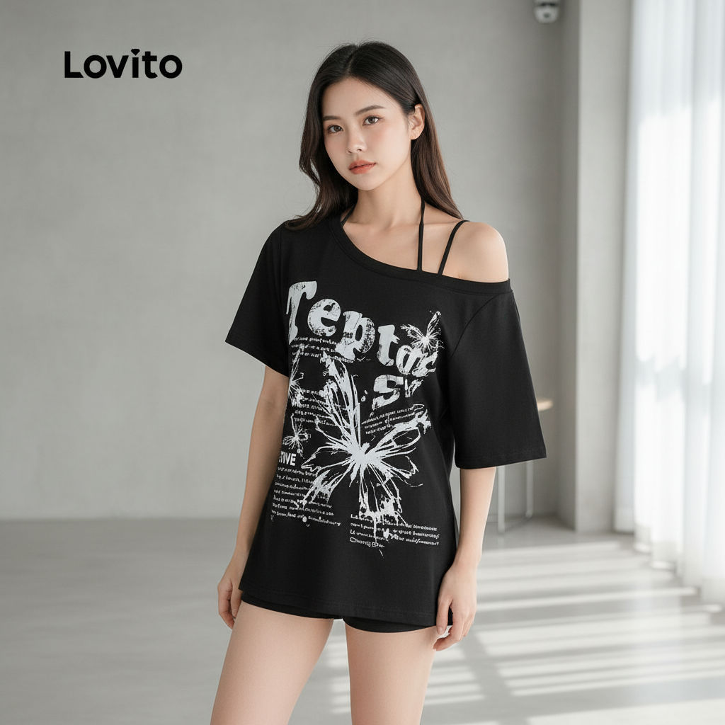 Lovito Casual Blusa Branca Feminina Ombro Frio Plissada Com Estampa 2 Em 1 Primavera Verão L136AD148 em Oferta na Shopee
