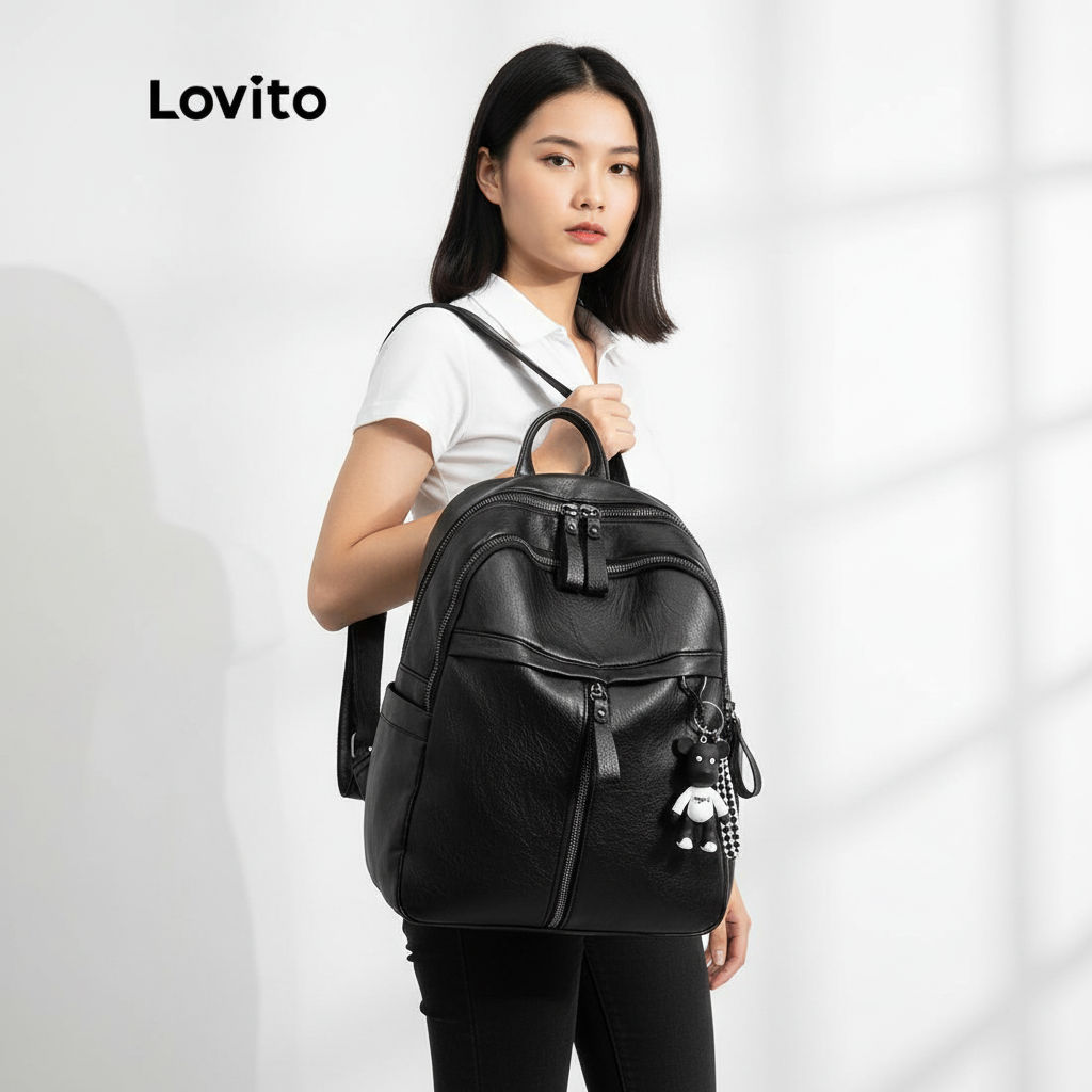 Lovito Mochila Casual Feminina Grande Com Zíper LNA09180 (Preto) em Oferta na Shopee