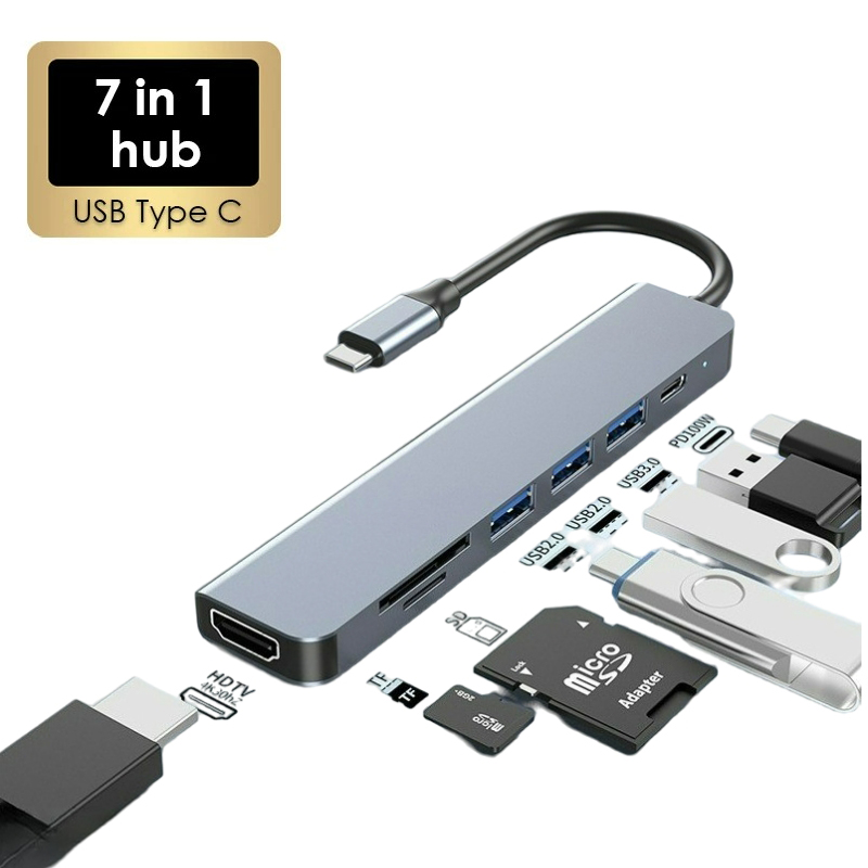 7 Portas Estação de Ancoragem USB C para HDMI, Hub Multifuncional com Adaptador, PD, USB, Leitor SD/TF, Divisor para