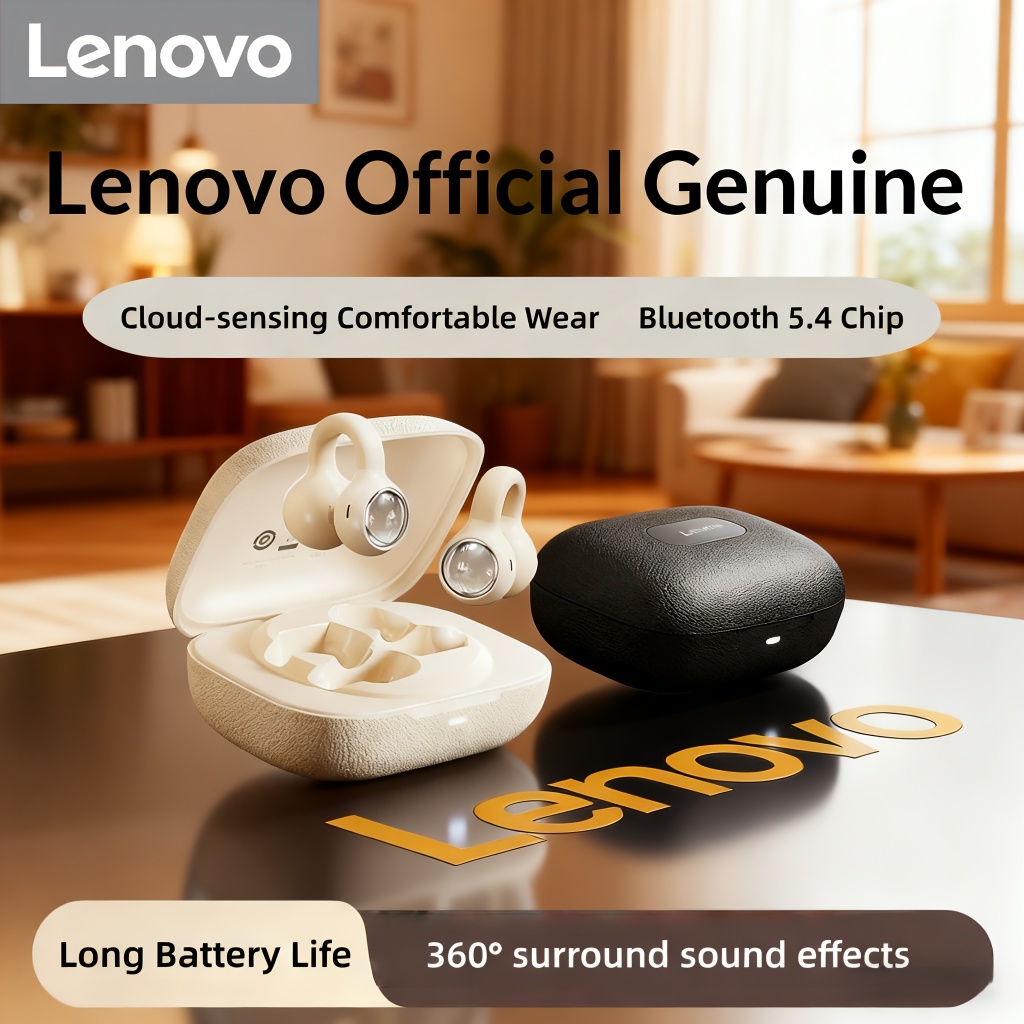 Fone de Ouvido Oficial Lenovo Open-Ear TWS Bluetooth 5.4 com Clipe de Orelha, Estojo de Couro, Esportivo, Sem Fio, com