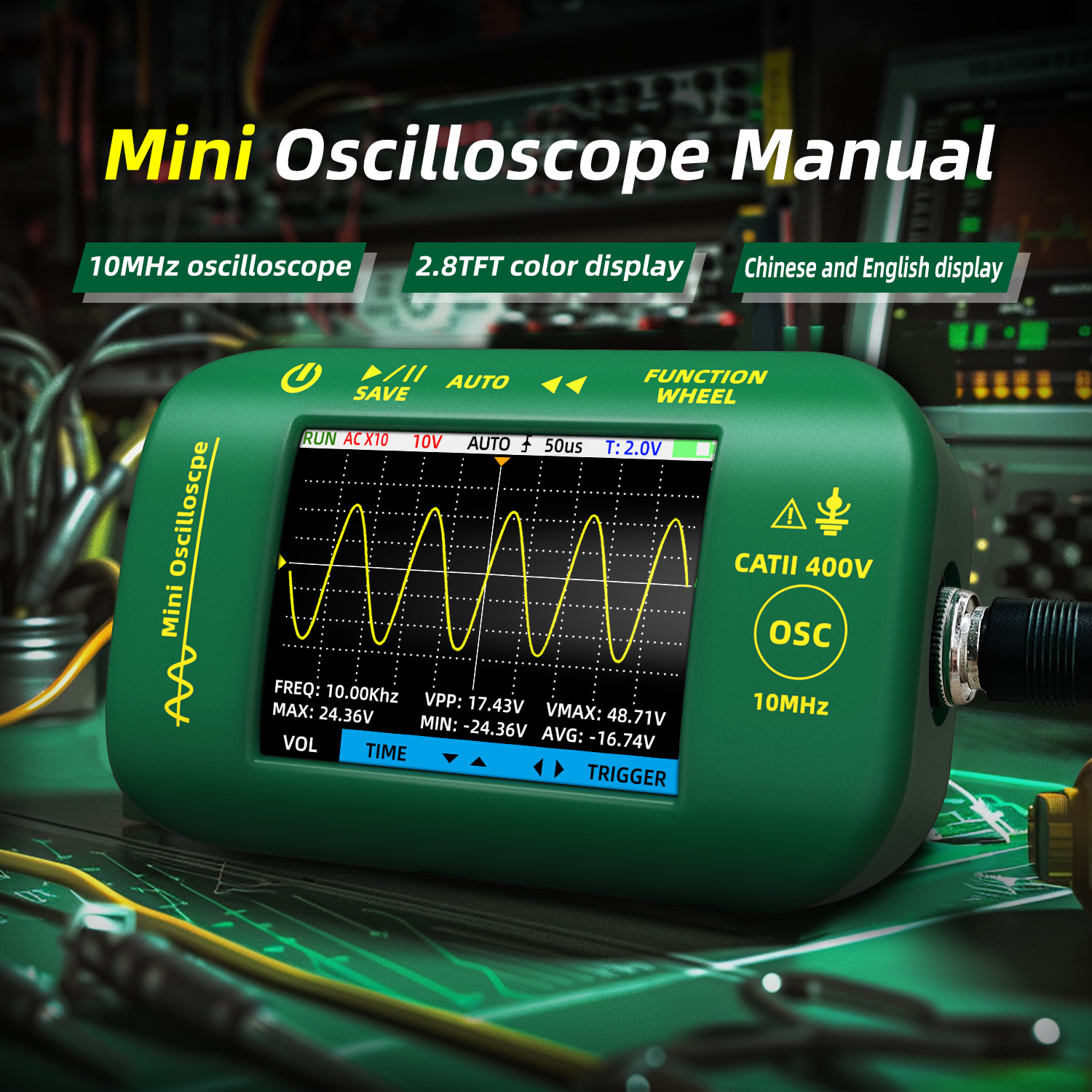 Osciloscópio portátil de 10MHz mini com tela TFT de 2,8, osciloscópio digital de mão para reparos automotivos e