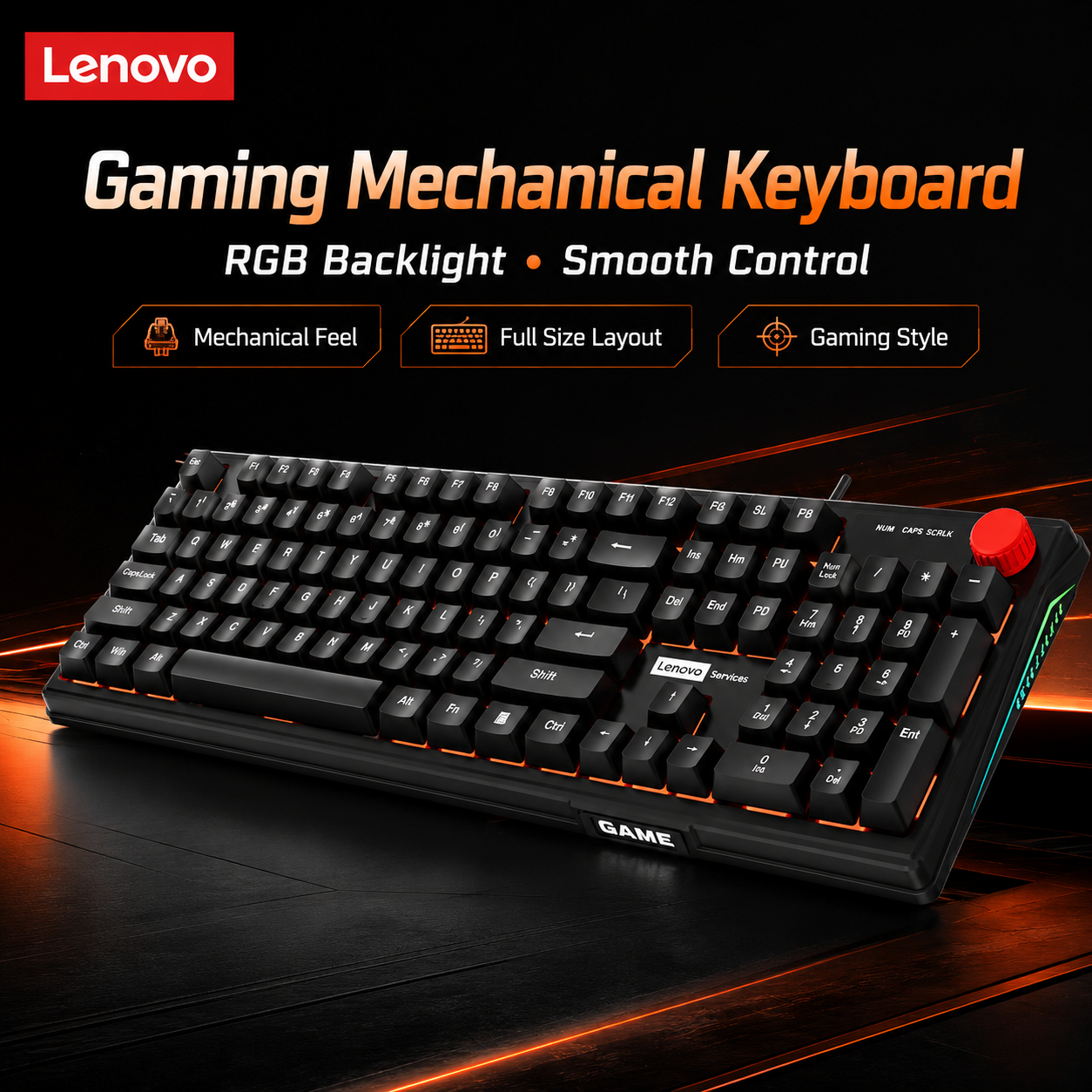 Teclado para jogos Lenovo com retroiluminação RGB, teclado mecânico com fio de tamanho completo com botão de controle
