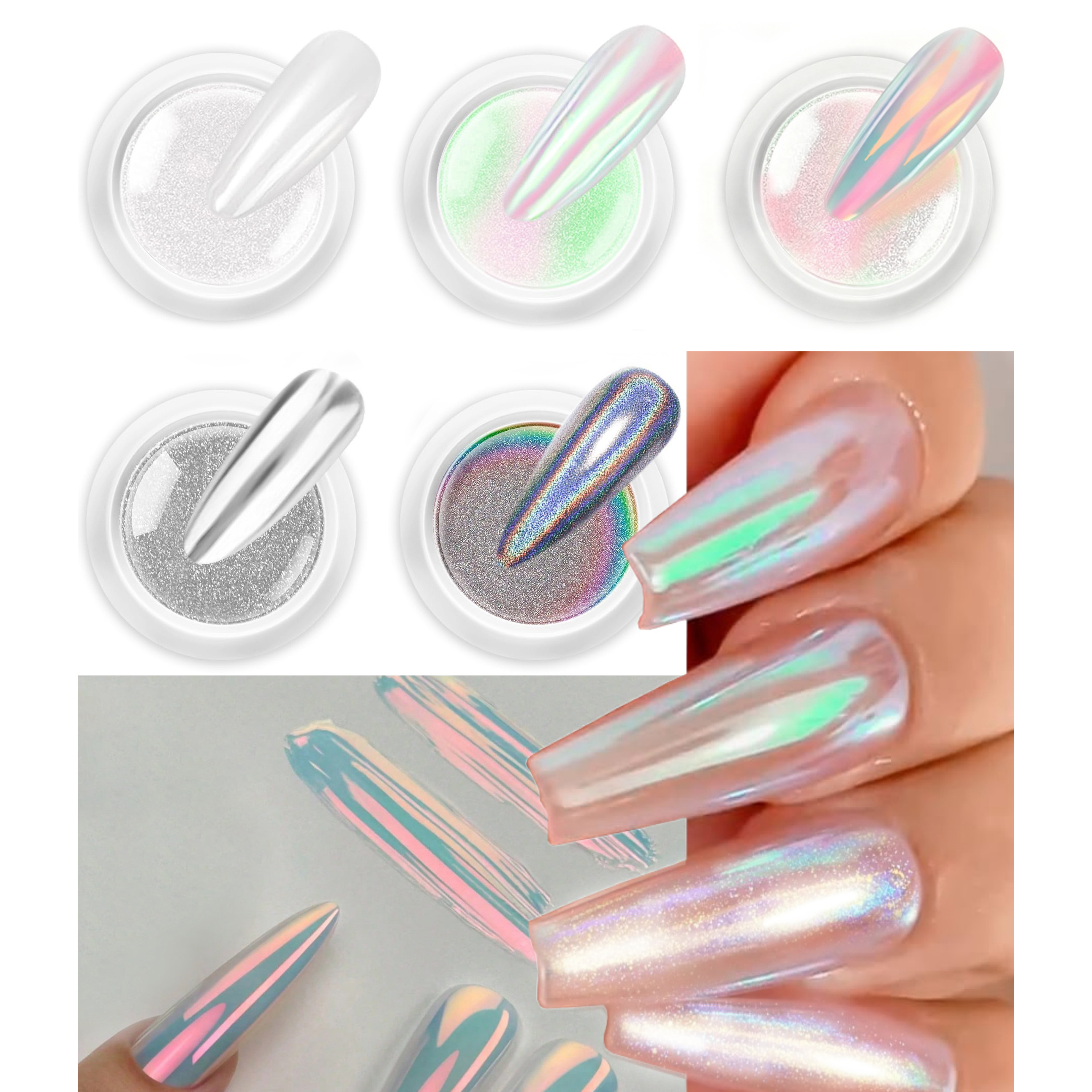 Conjunto de pó cromado para unhas de 5 peças: Conjunto de pó holográfico aurora arco-íris branco efeito sereia prata