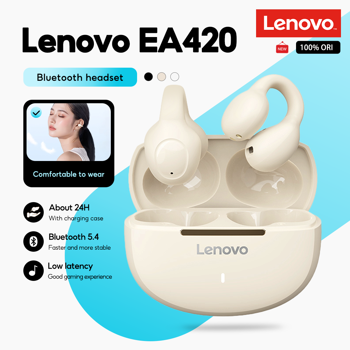 Fones de Ouvido Lenovo EA420 TWS Sem Fio, Modelo U com Clipe de Orelha, Bluetooth 5.4, Controle Touch, Longa Duração da