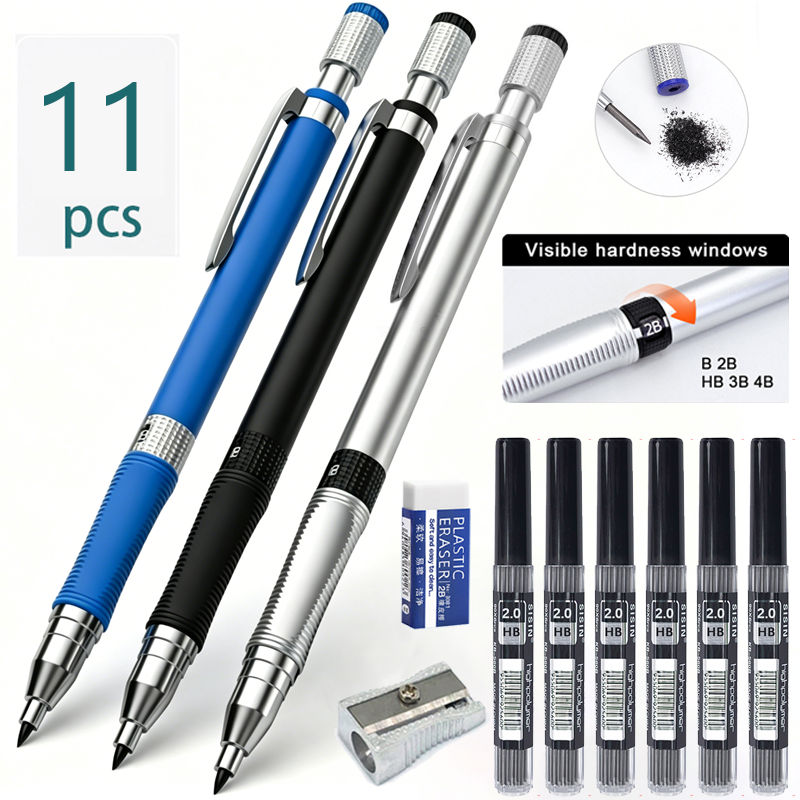 Conjunto de Lápis Mecânico 2mm 11 Peças - 3 Lápis de Carpinteiro para Desenho Artístico, Escrita, Esboço e Construção