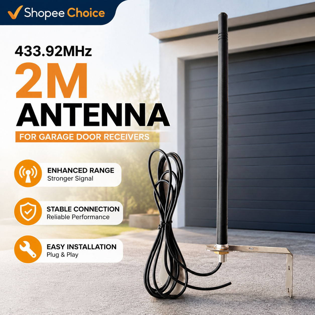 Antena Universal 433MHz 2M Cabo para portão de garagem, reforço de sinal de rádio, repetidor, antena de controle de
