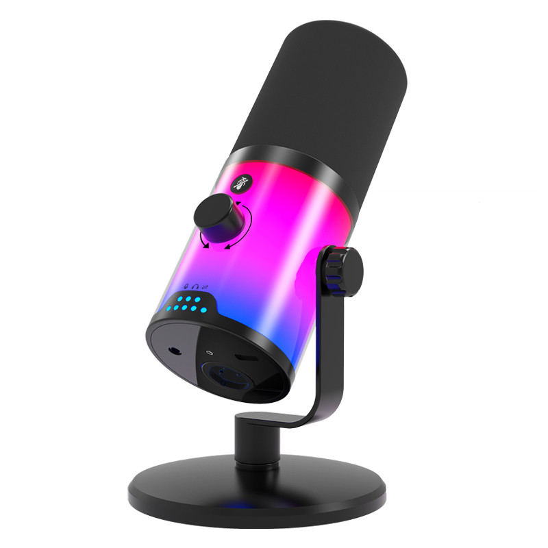 Microfone dinâmico XLR/USB para podcast e streaming ao vivo, com iluminação RGB e função de mute
