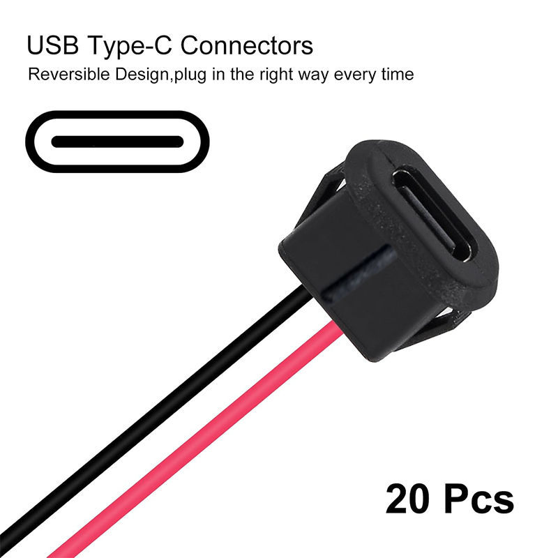 Conector Fêmea Tipo-C com Fio para Chassi 2 Pinos 20/30/50 Unidades Conectores USB Conector Fêmea Tipo-C Preto (Sem