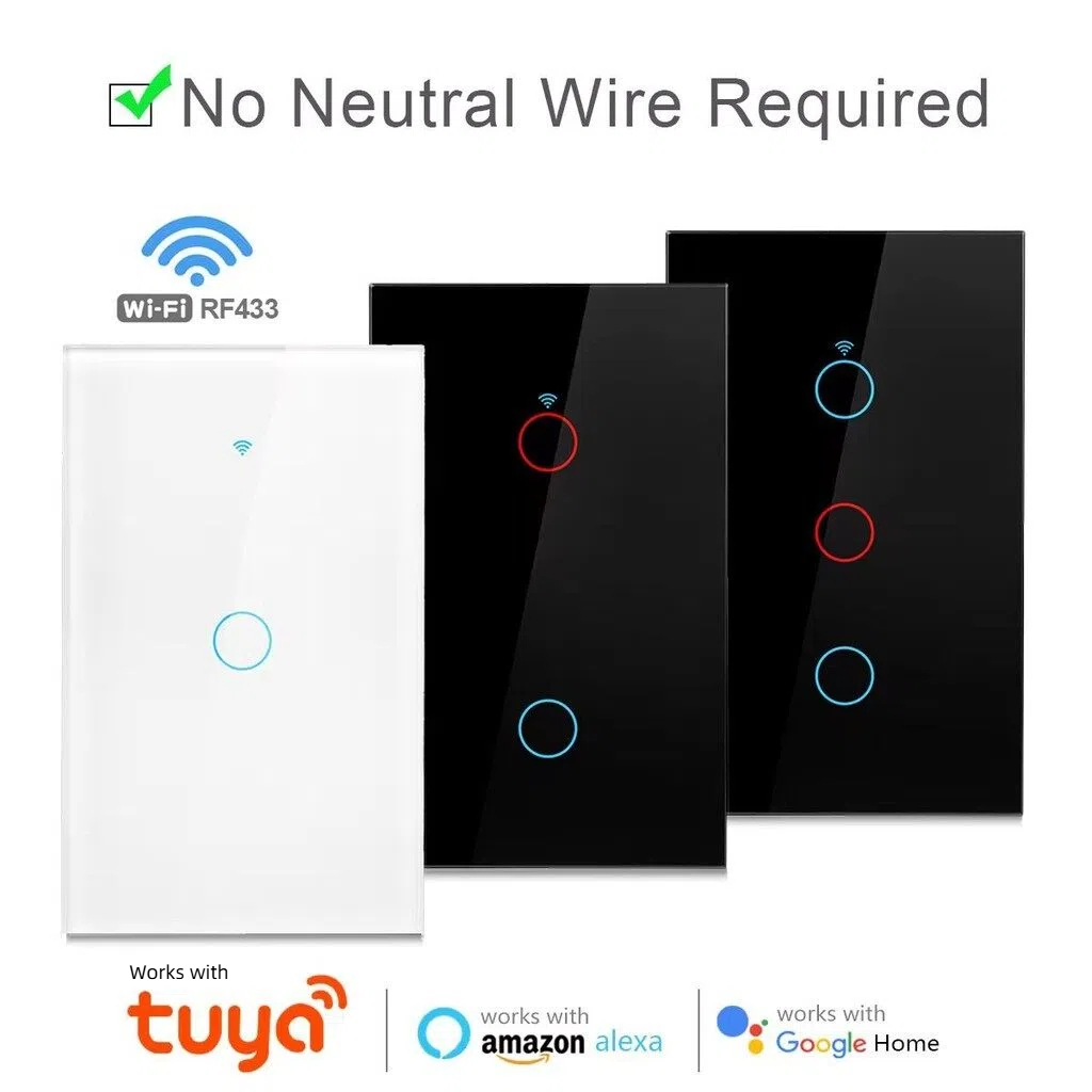 Axus Smart Switch WiFi Touch Sem Necessidade De Fio Neutro Home 1/2/3 Gang Light 100-240V Funciona Com Alexa