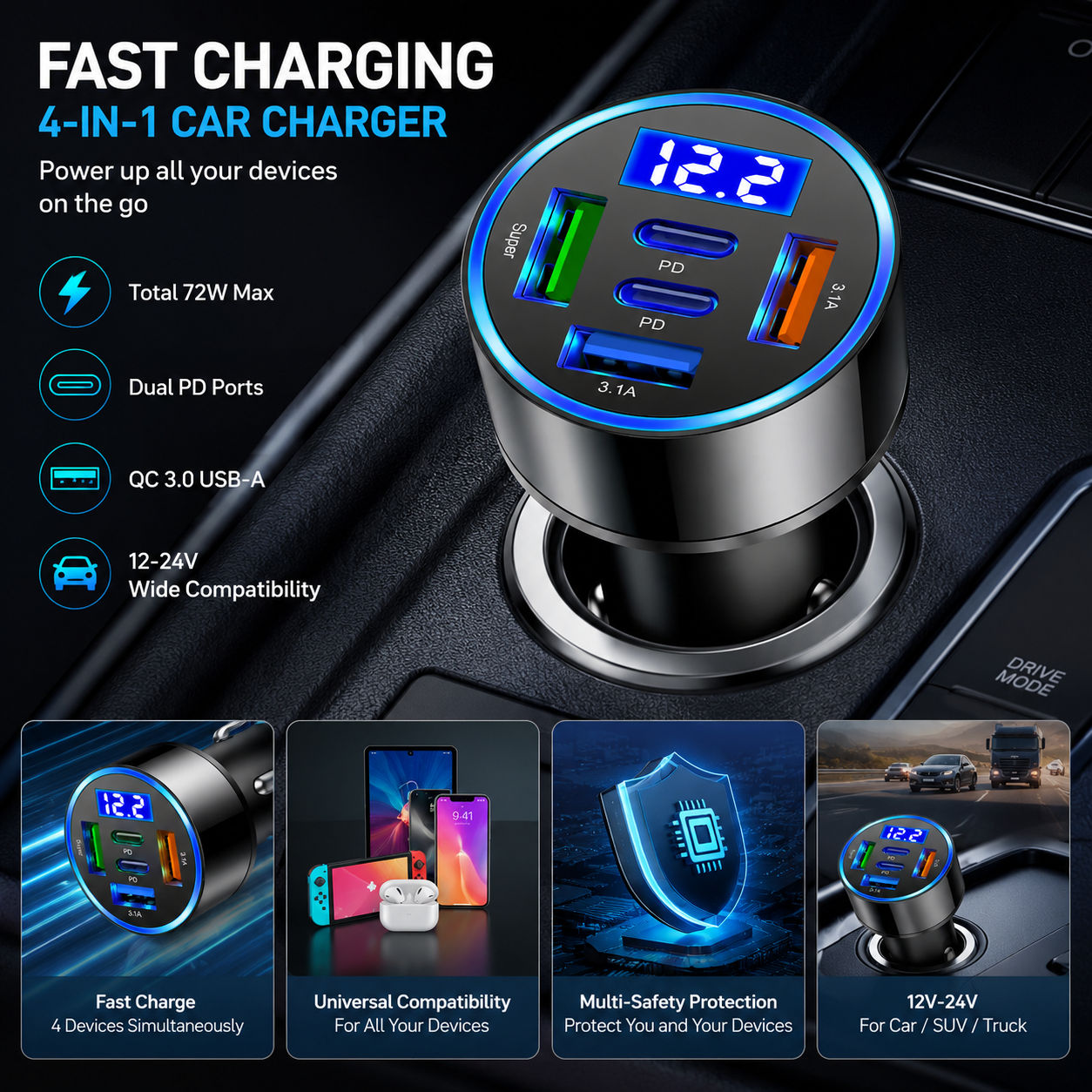 100W 5 Portas Carregador De Carro Tipo C PD QC3.0 Hub De Carregamento Rápido