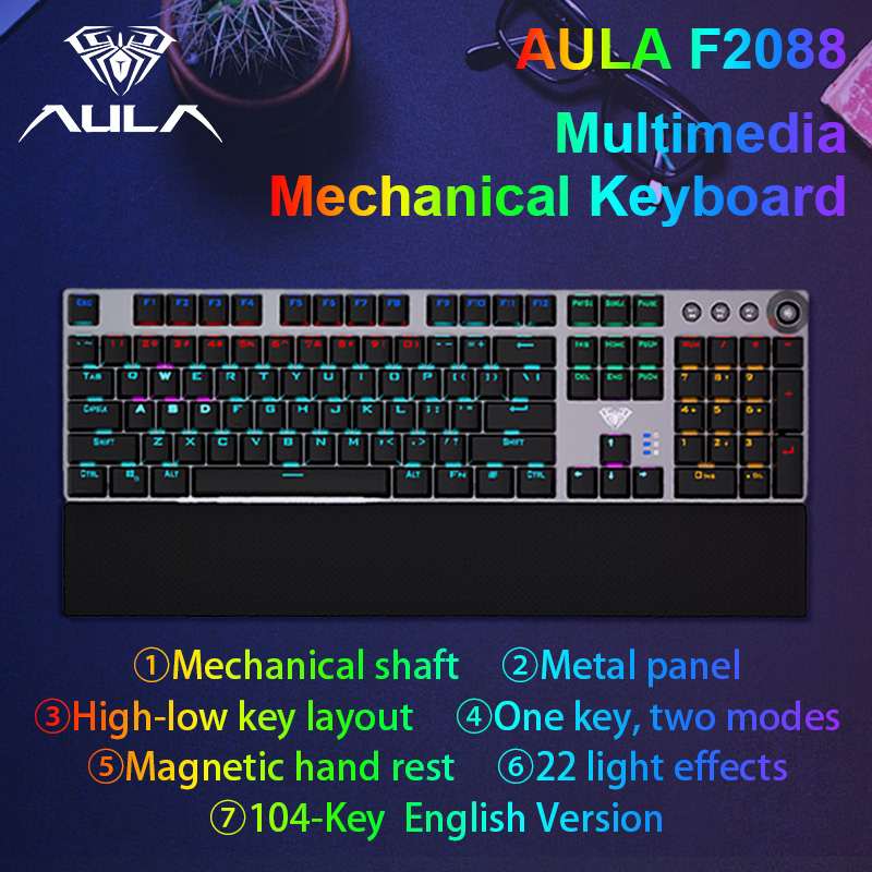 Teclado Mecânico AULA F2088 para Jogos com Fio, Botão Multi-Função, 104 Teclas, Retroiluminação Mágica, Programação de