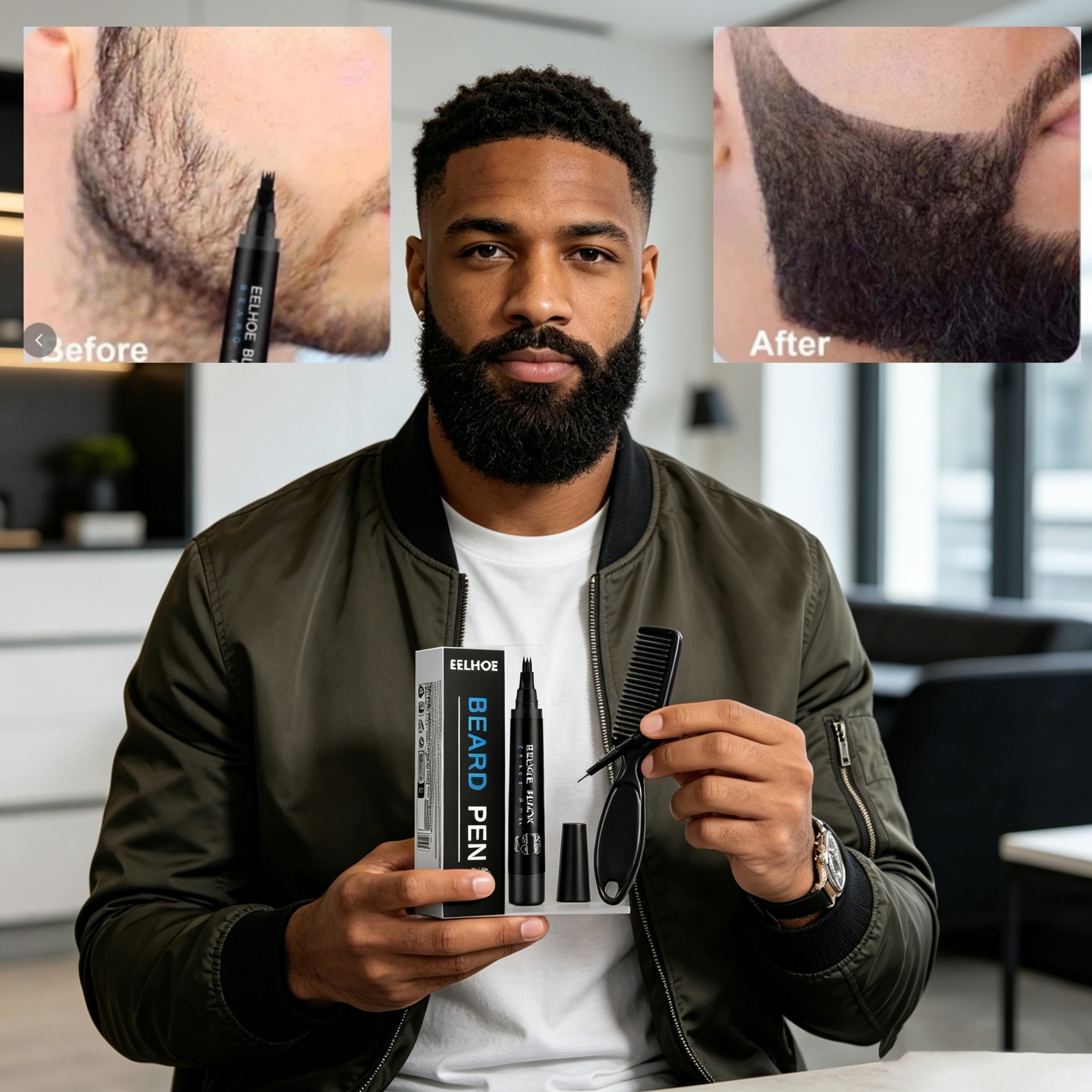 EELHOE Caneta de Reforço de Barba Sem Borrões com Mini Pincel e Kit de Escova de Borda para Reparo Facial Masculino
