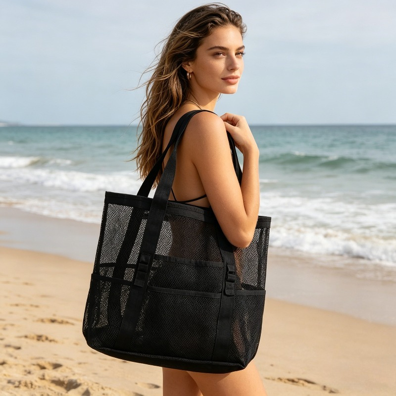 Bolsa de Praia de Rede com 8 Bolsos, Bolsa de Banho, Bolsa de Armazenamento de Brinquedos, Grande Capacidade, Oca,