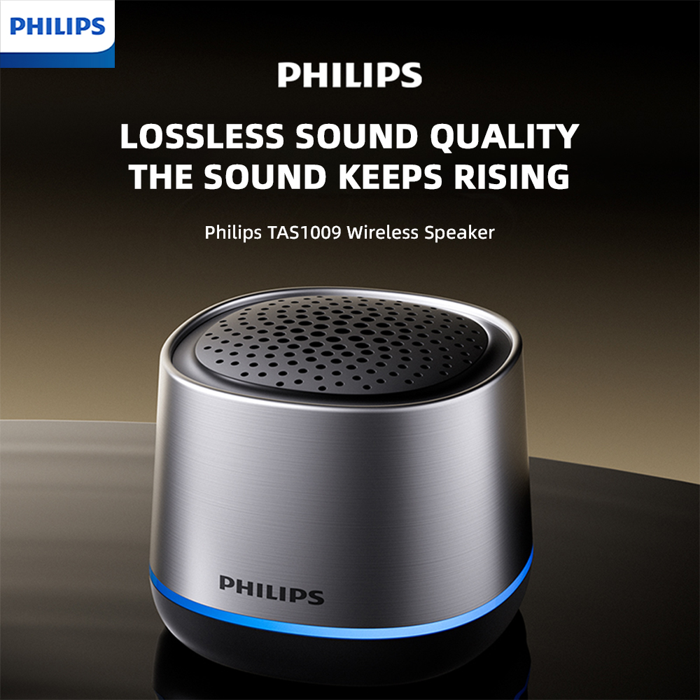 Mini alto-falante Philips TAS1009 com Bluetooth e graves potentes. Possui iluminação RGB, conexão USB, bateria de