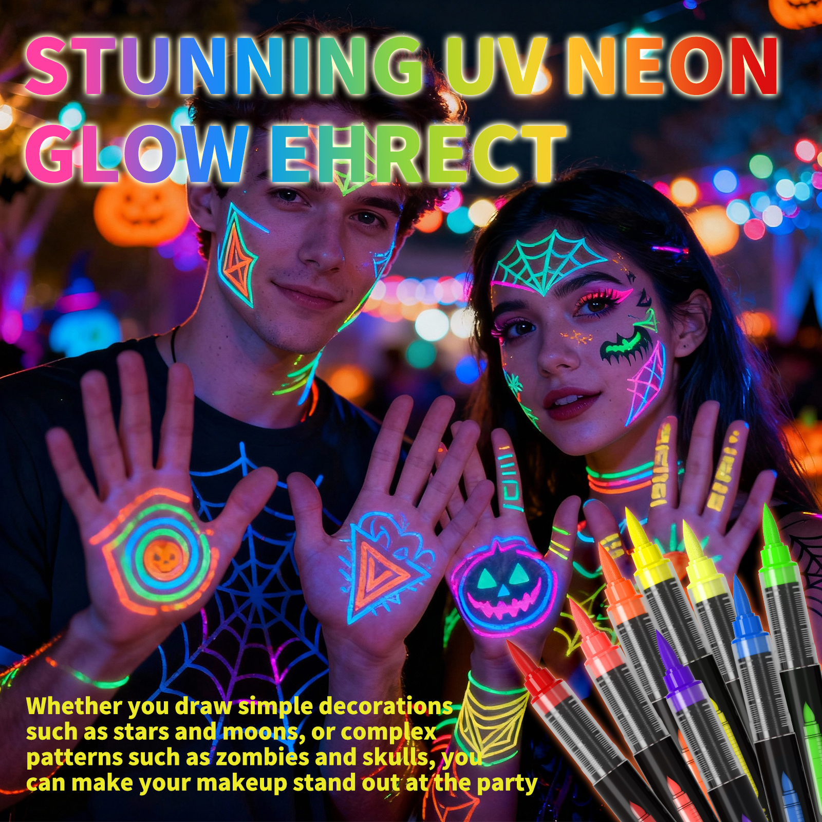 Marcador de Tinta Fluorescente UV Neon, Caneta de Pintura Facial Seca Rápida que Brilha sob Luz Negra para Maquiagem de