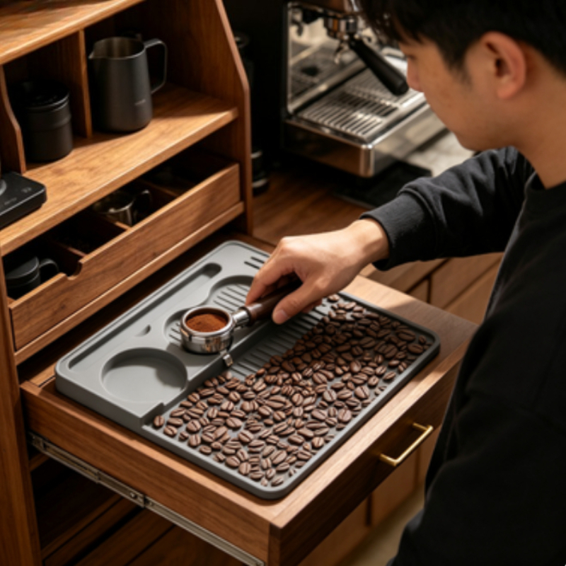 Tapete de Silicone para Compactador de Café com Bordas Elevadas, Tapete de Cantoneira Antiderrapante para Barista,
