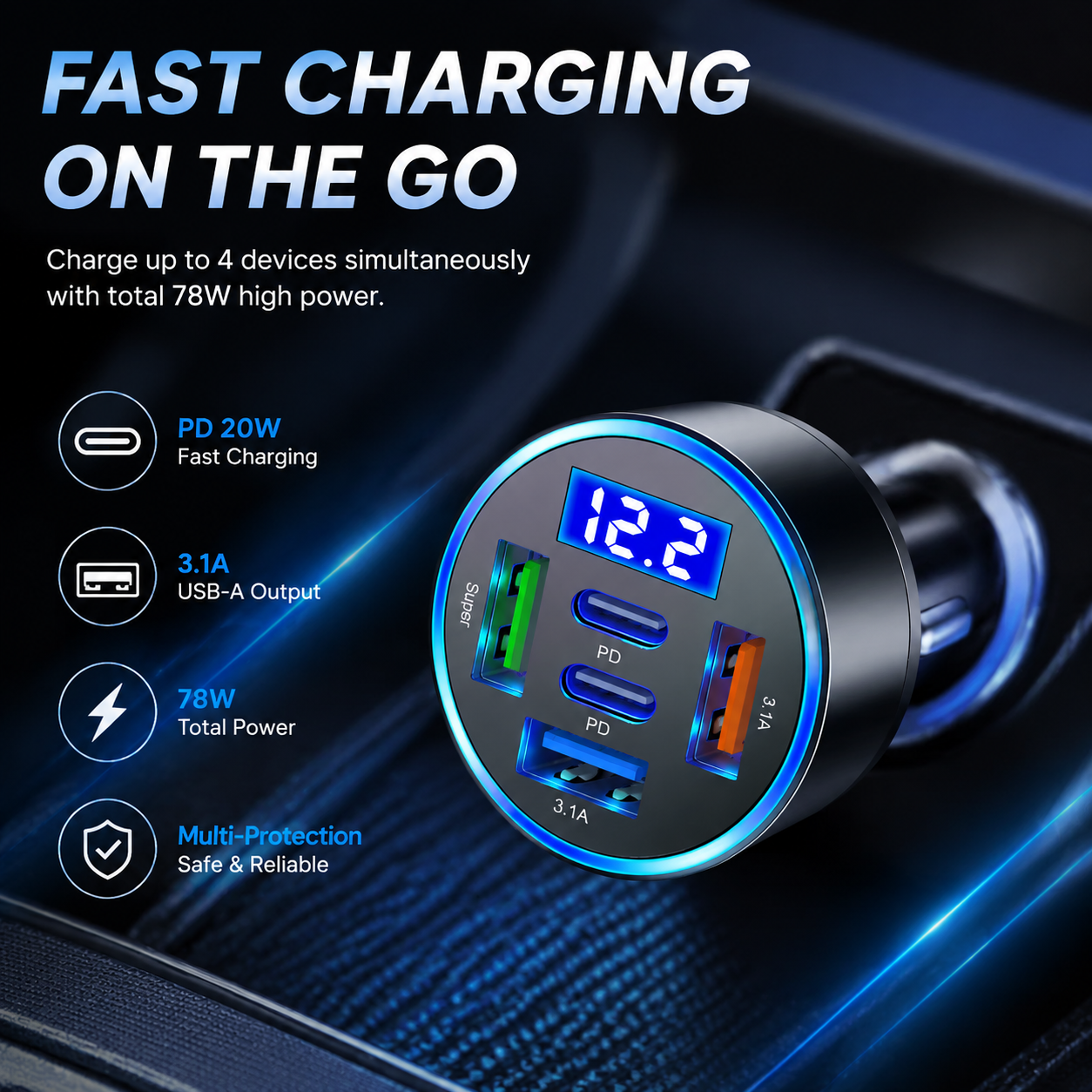 Carregador veicular USB Quick Charge 3.0 para iPhone, Samsung, Xiaomi, adaptador de tomada de acendedor de cigarro de