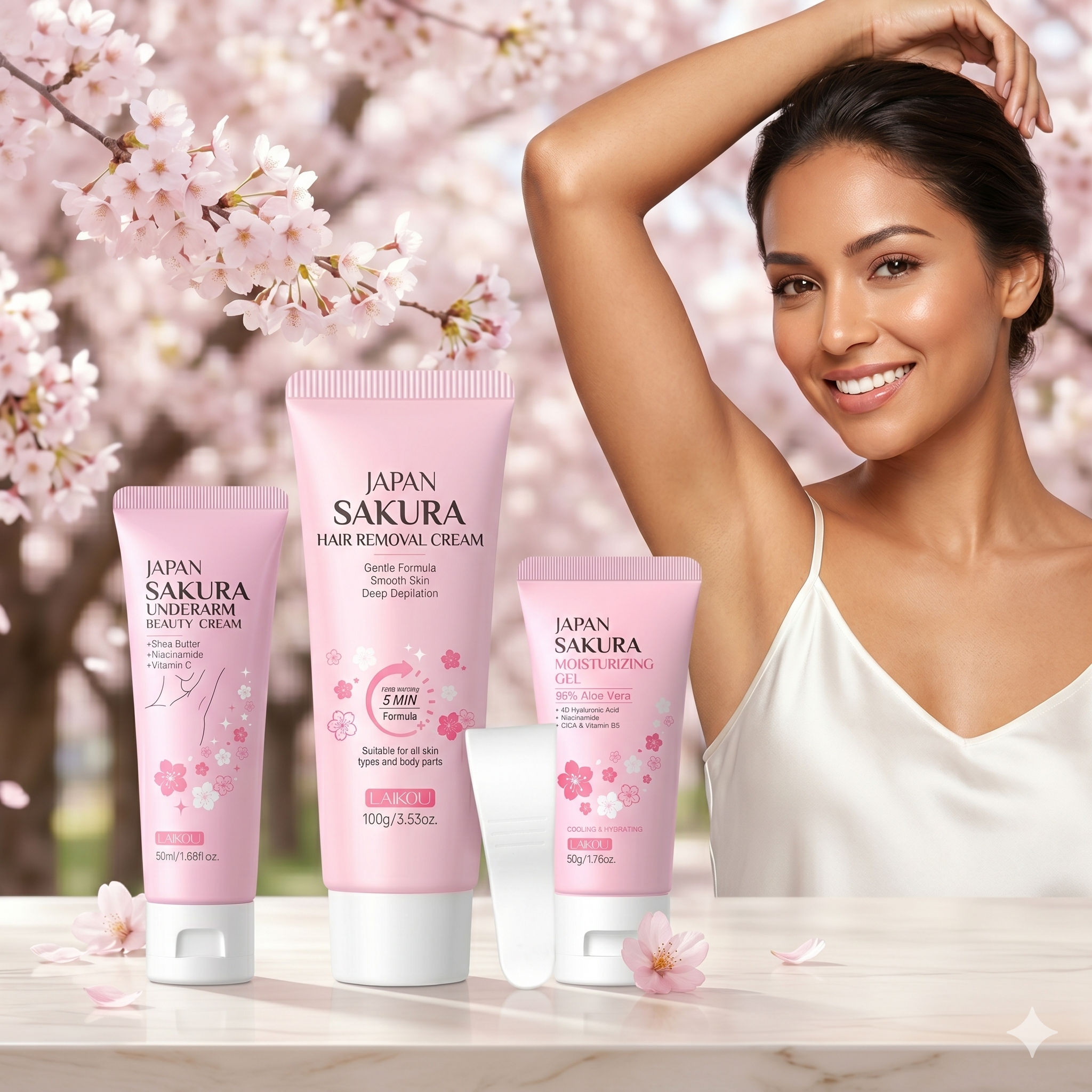Conjunto de Cuidados Corporais LAIKOU 3 peças: Creme Depilatório Sakura, Creme Clareador para Axilas, Gel Hidratante